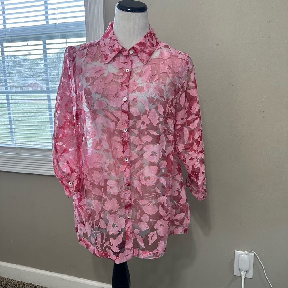 Kim Rogers Pink Leaf Pattern Blouse women’s size 1X sheer 3/4 sleeve